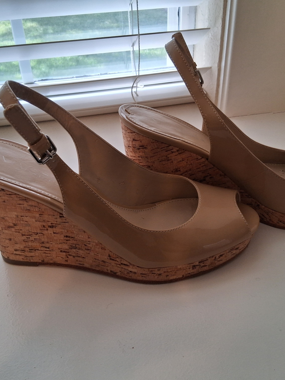Neutral Beige Cork Wedge Slingback Peep-Toe Heels